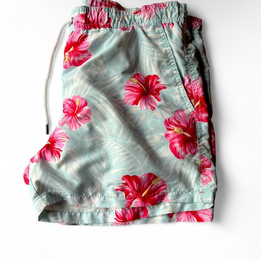 Floral Swim Shorts with Pink Hibiscus